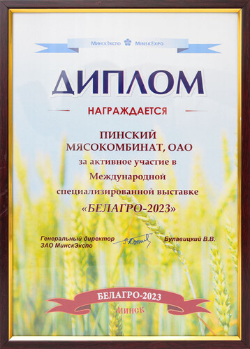 Диплом за активное участие в Белагро-2023